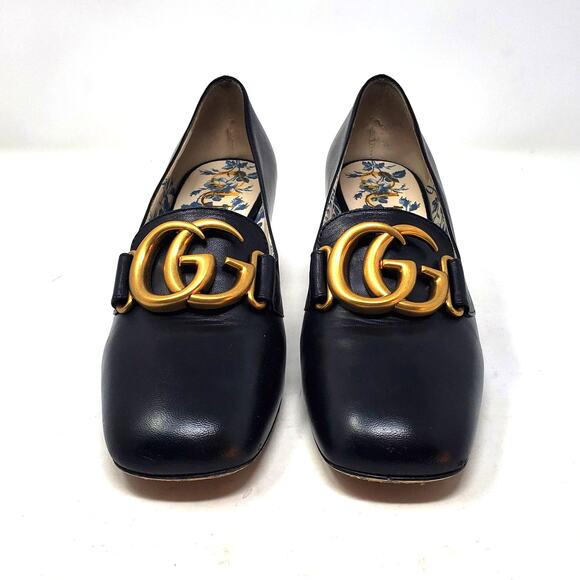 Gucci GG Marmont Victoire Pumps Interlock Leather Black 525333 Size 36.5 US 6.5